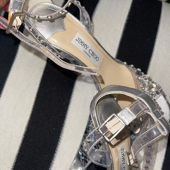 Jimmy Choo Silver Embellished Women's Lucite Platform Sandals Size 38.5 - Picture 4 of 7